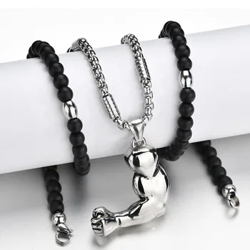 

Fitness Strong Men Body Building Sports Arm Pendant Necklace Black Beads Chain For Man Weightlifters Gift