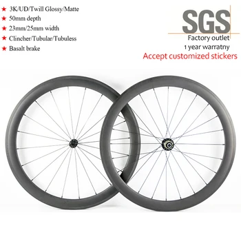 

700C Carbon Fiber Road Bike Wheels 50mm Clincher Tubular 23mm width Racing Cycling Road Bicycle Wheelset Basalt V brake OEM logo