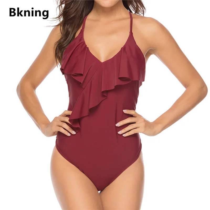 

New Front Ruffle Swimsuit Female One Piece Bathing Suit Plus Size Monokini Strapless Lotus Badpak Red Strappy Large Blue Swim XL