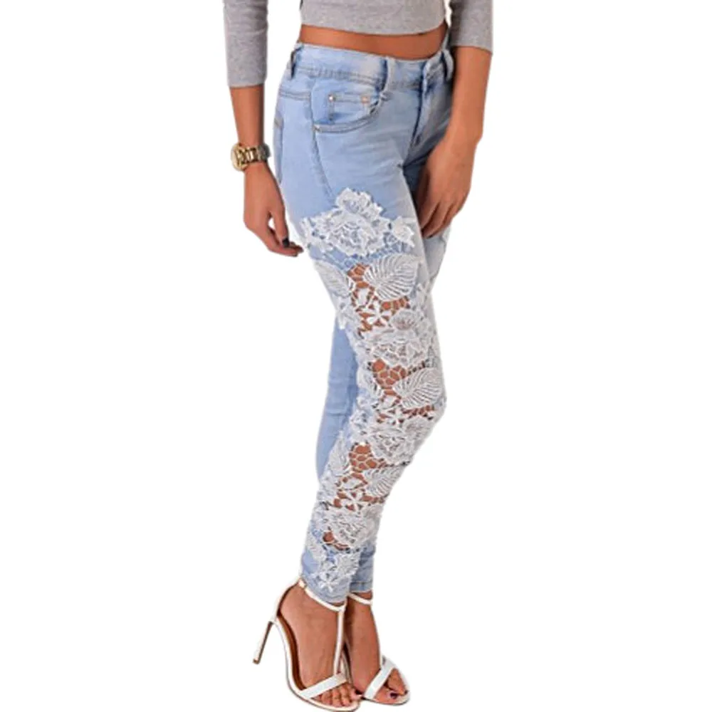 Plus Size Skinny Denim Pants Women Jeans with Lace Jeans Waist Jegging