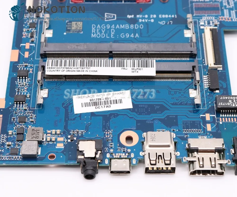 buy  NOKOTION For HP Pavilion 15-cd Laptop Motherboard DDR4 DAG94AMB8D0 931728-601 931728-001 with Proce