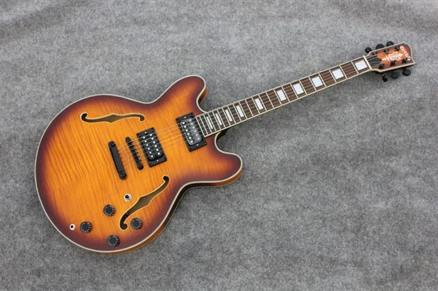 Cheap Free Shipping Customized semi hollow body electric guitar with good sound flamed maple top and backside 