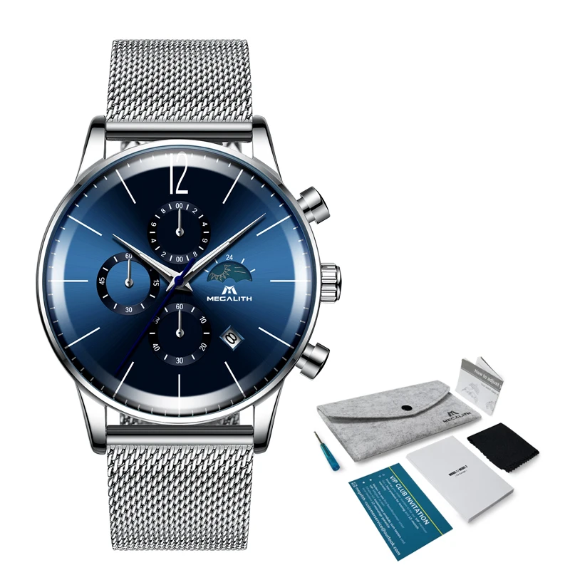 Tanie MEGALITH moda męskie zegarki Top marka niebieska powierzchnia górna Sport wodoodporny chronograf kwarcowy zegarek dla mężczyzn zegar Relogio Masculino