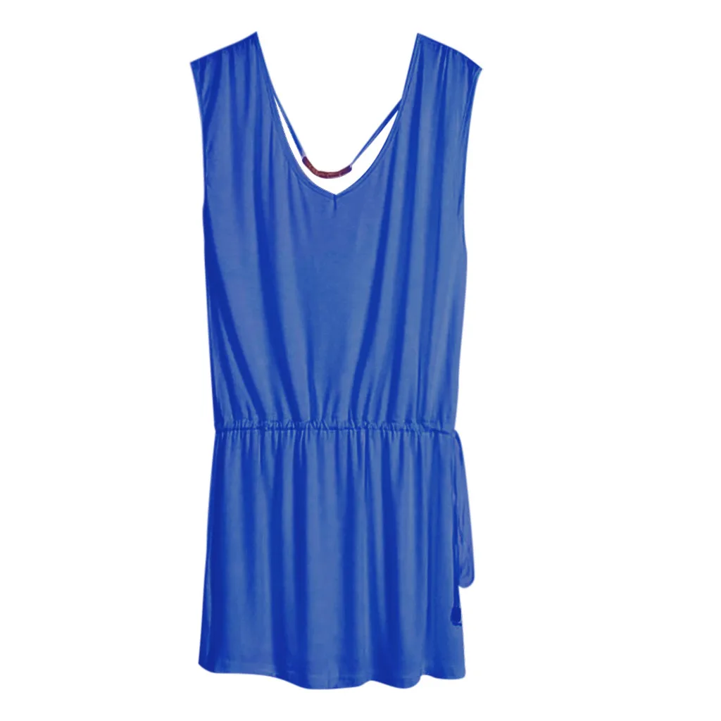 CHAMSGEND2019 женское летнее пляжное платье с глубоким v-образным вырезом шелковое платье мини-юбка ретро модное повседневное элегантное свободное платье - Цвет: Синий