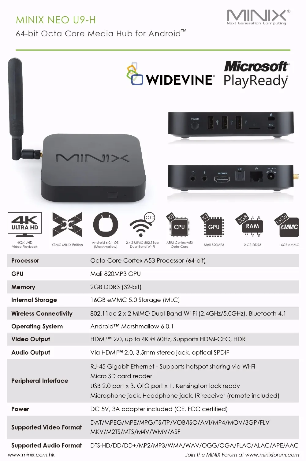 Wechip MINIX NEO U9-H Android 6.0.1 ТВ приставка Amlogic S912-H Восьмиядерный 2G/16G 802.11ac 2,4/5 GHz WiFi 4K HDR IP tv Смарт ТВ приставка ip tv