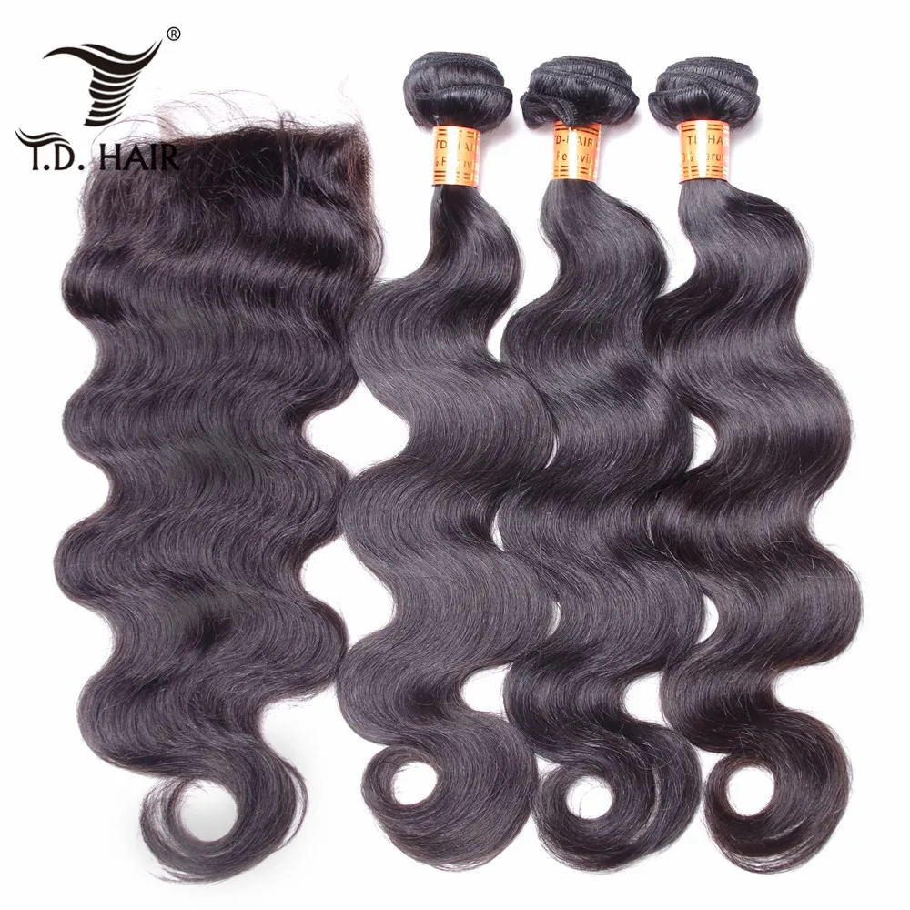 Tdhair 3 пучка s объемный волнистый пучок волос с 4*4 Кружева Закрытие свободный