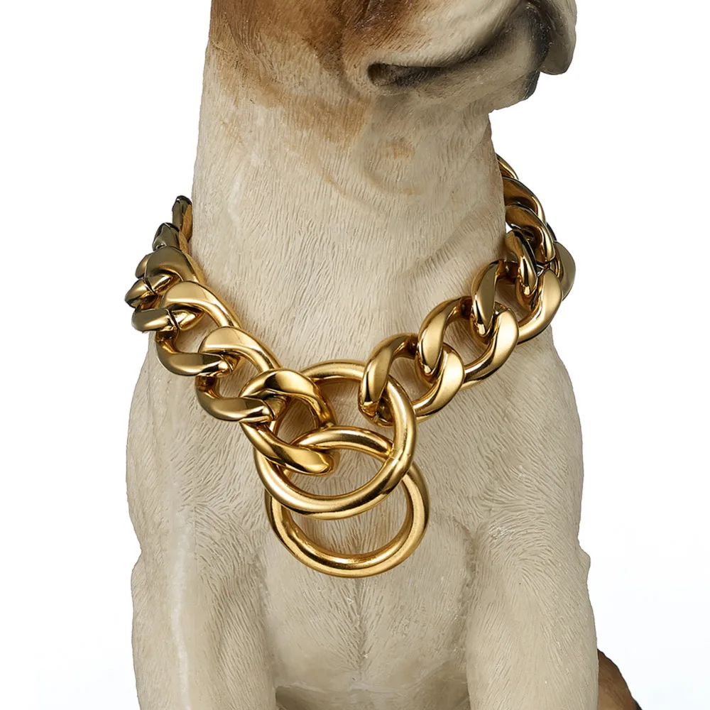 

Dog Chain Collar Gold Tone 316L Stainless Steel Cut Curb Link Customize Size Wholesale Jewelry 13/15/19mm