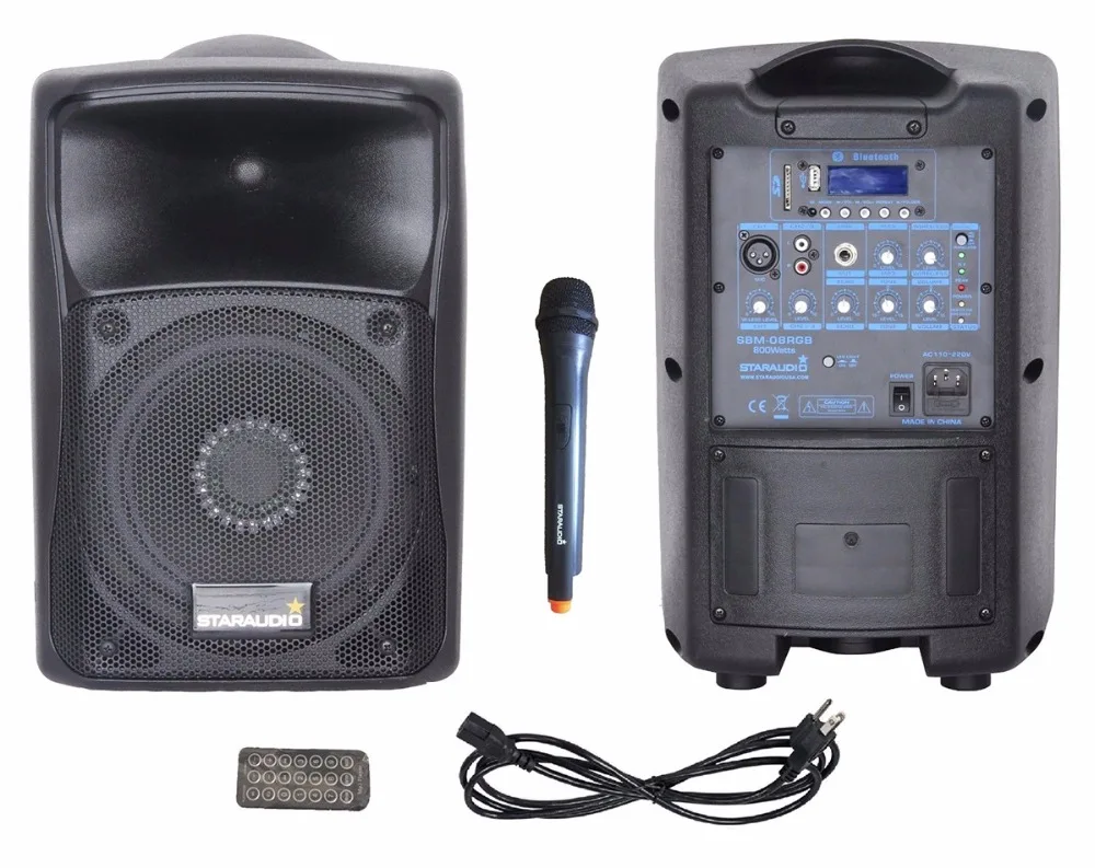 

STARAUDIO 800W 8" Stage Karaoke PA DJ BT Powered Active RGB Light Speaker 1CH UHF Wireless Mic SBM-08RGB