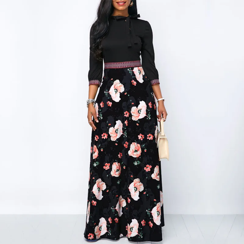 

Long Dresses Bohemian Hollow Neck Three Quarter Sleeve Floral Print Ethnic Summer Beach Woman Elegant Style Dress -A79
