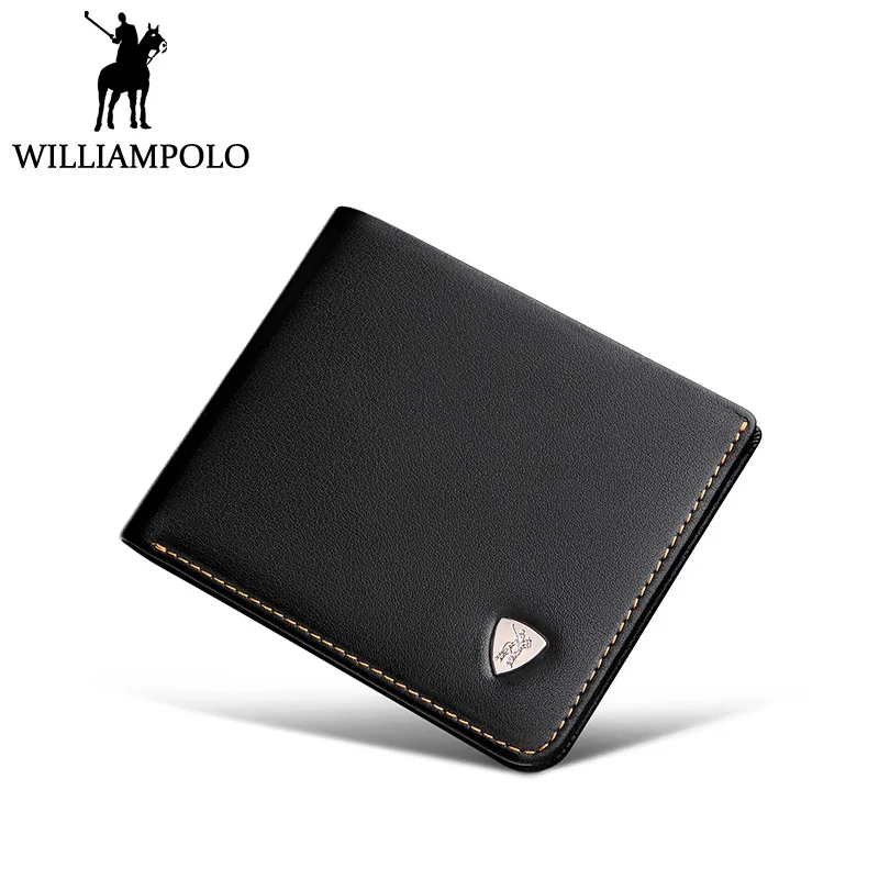 

WILLIAMPOLO Small Wallet Mini Wallet Men Genuine Leather Purse Short Slim Design Metal Logo Black