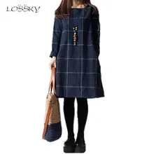Фотография LOSSKY Fashion Plus Size Plaid Cotton Dress Women 2017 Autumn Long Sleeve Loose O-neck A-line Christmas Midi Dresses Vestido 4XL