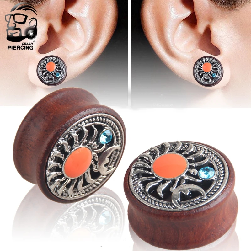 

Sun with Moon Ear plugs Body Jewelry Piercing wood saddle earrings expander Stretcher body jewelry 2pcs 8mm - 25mm
