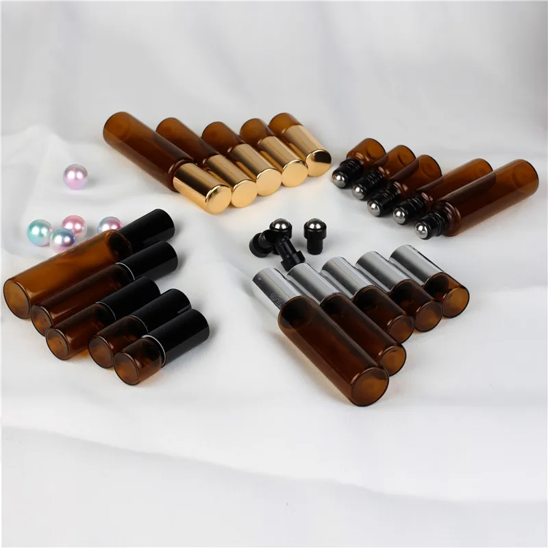 

50pcs 1ML2ML 3ML 5ML Amber Roll On Roller Bottle for Essential Oils Refillable Perfume Bottle Deodorant Containers with Gold lid
