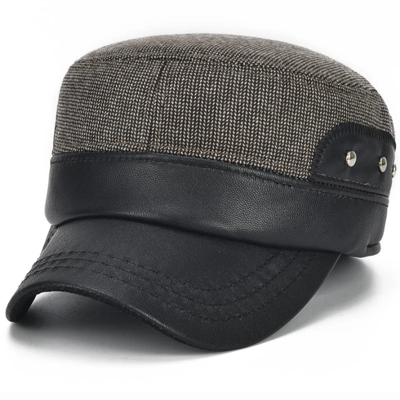 HT1883 PU Leather Brim Men Baseball Caps Winter Hats for Men Thick Warm Snapback Baseball Hats Male Adjustable Dad Caps for Men