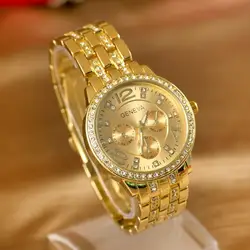 Роскошные Женева Марка Для женщин золото Нержавеющая сталь кварцевые часы военные Кристалл Повседневное наручные часы Relogio Feminino Горячие