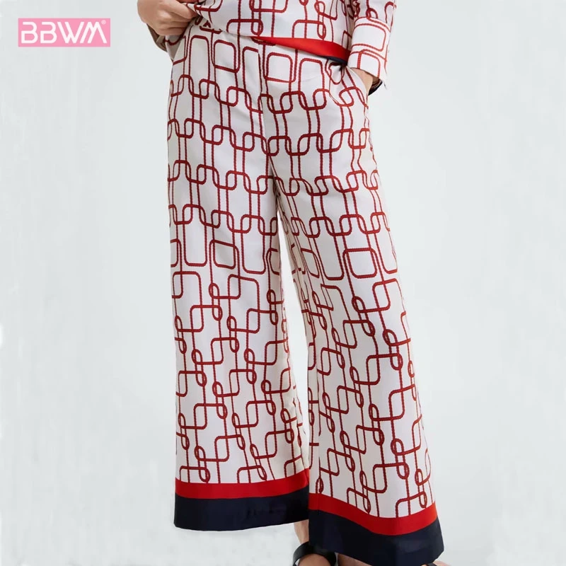 Для женщин высокой талией повседневные штаны 2019 сезон весна-лето пижамы-стиль завязанный printed wide-leg Штаны BB9068