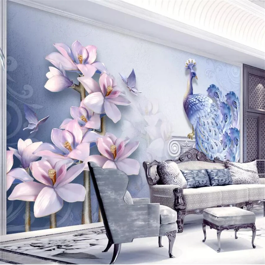 

beibehang Custom wallpaper 3d photo mural fresh 5D embossed peacock magnolia TV background wall decorative painting 8d wallpaper