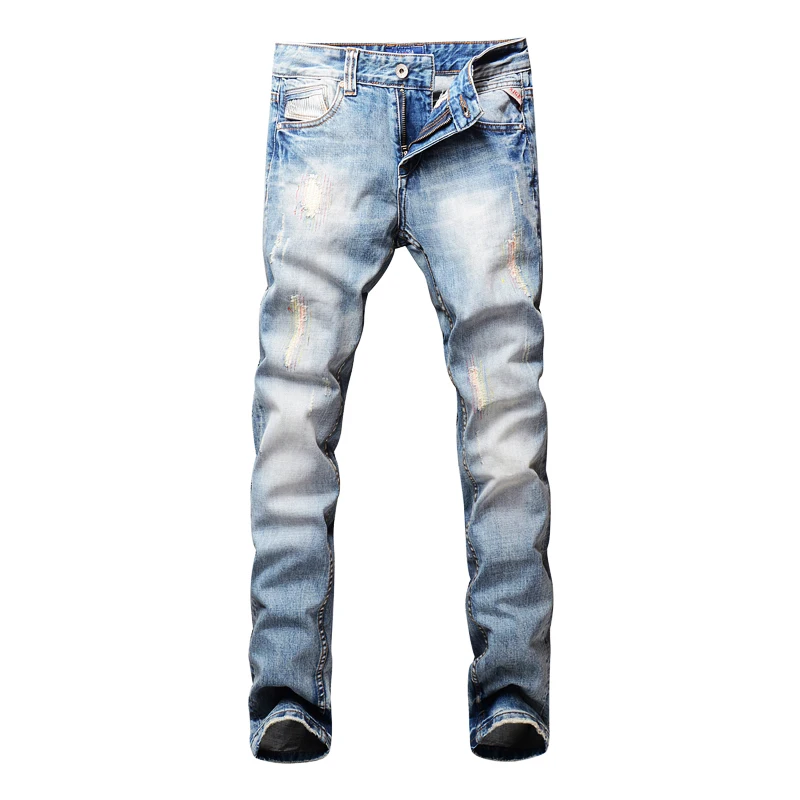 Italian Vintage Designer Men Jeans Light Blue White Wash Slim Fit Ripped Jeans Men Embroidery Patchwork 3