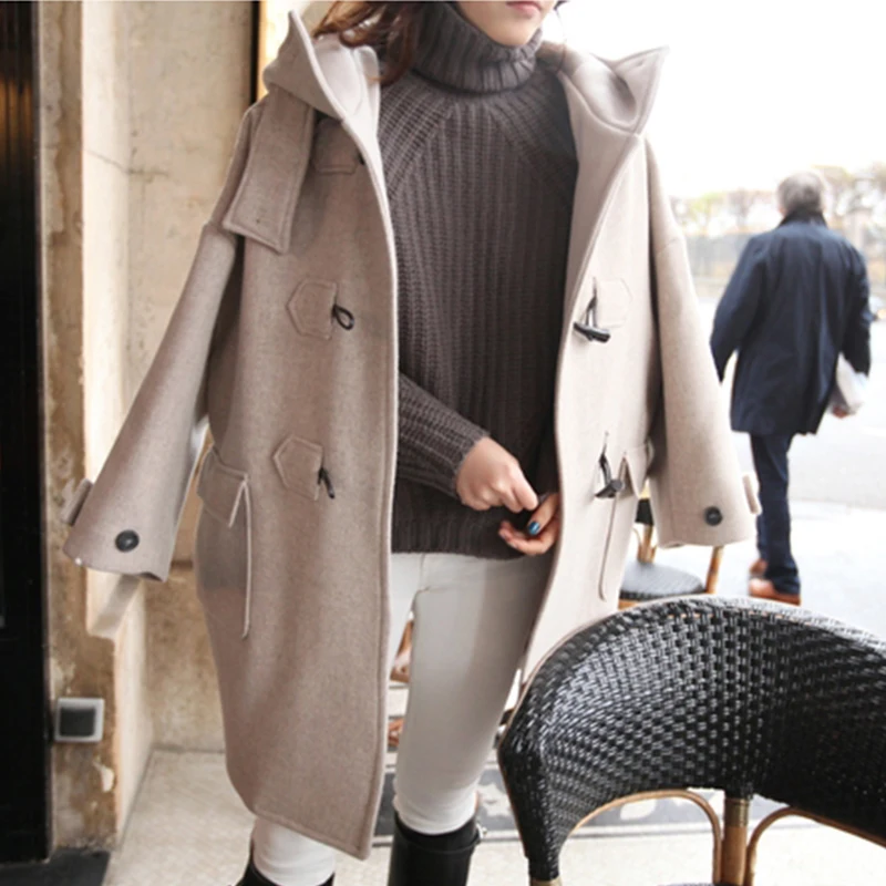 Корейская Повседневная Женская шерстяная пуговица из рога капюшон верхняя одежда куртки
