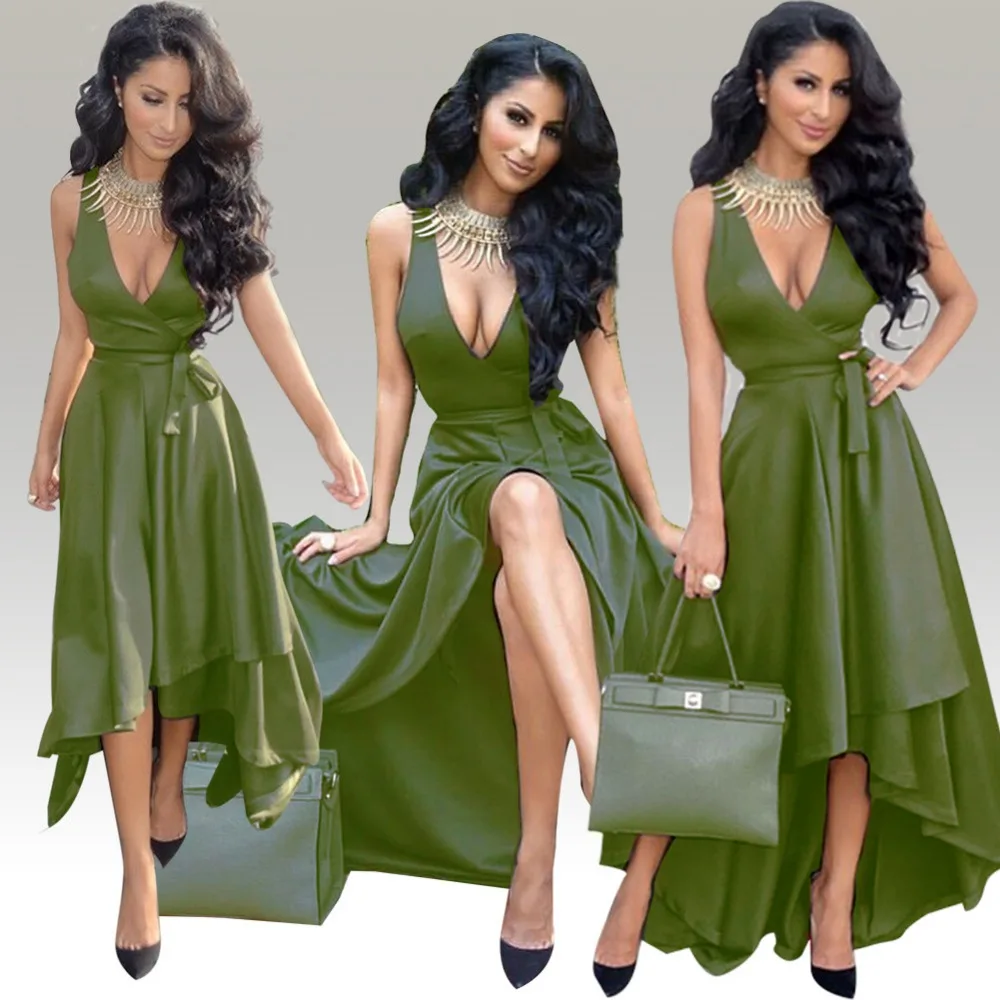 New 2016 Fashion Sexy Deep V Neck Women Dress Summer Solid Sleeveless