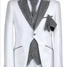Изготовленный На Заказ белый блейзер с одной пуговицей серый нагрудный Жених Смокинги друзей жениха Мужские свадебные костюмы выпускного вечера(пиджак+ брюки+ жилет+ галстук
