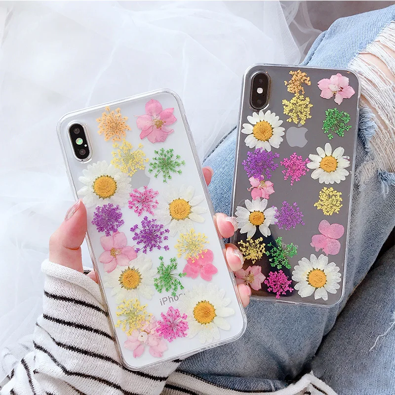 

Luxury Real Daisy Flowers Soft phone case for iphone X XS Max XR Cases For iphone 8 Plus 6 6s 7 Glossy Floral Cover Cute Capa