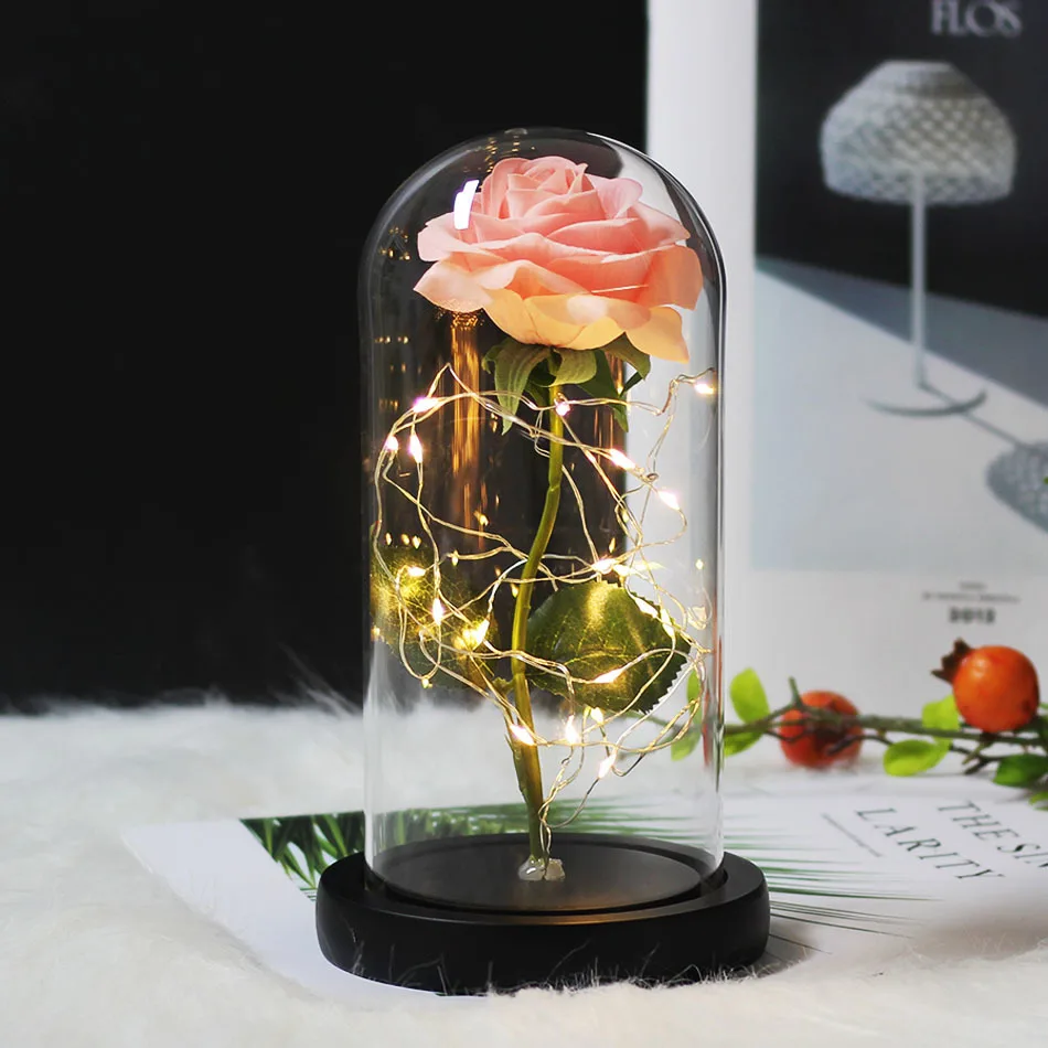 Romantic Gift Preserved Rose Beauty And The Beast Rose Rose In Glass Dome LED Light Forever Rose Red Rose Belle Preserved Rose