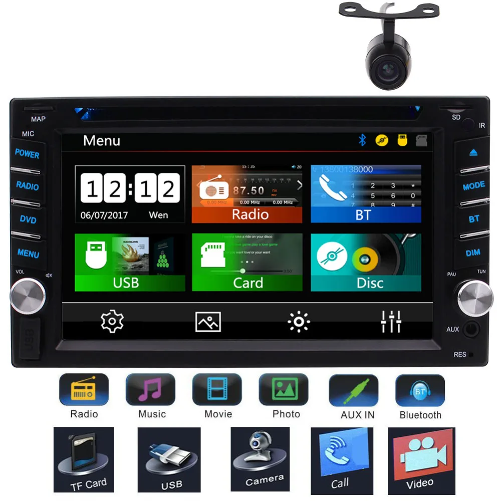 

6.2'' Double Din DVD CD Audio Stereo Receiver MP3 Player+Rear Camera AUX USB SD Subwoofer Steering Wheel Control+Remote Control