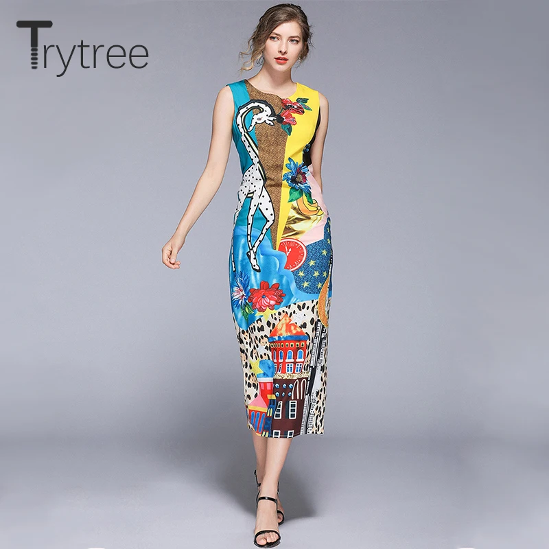 Trytree 2019 летнее уличное разноцветное платье с принтом женские платья круглым
