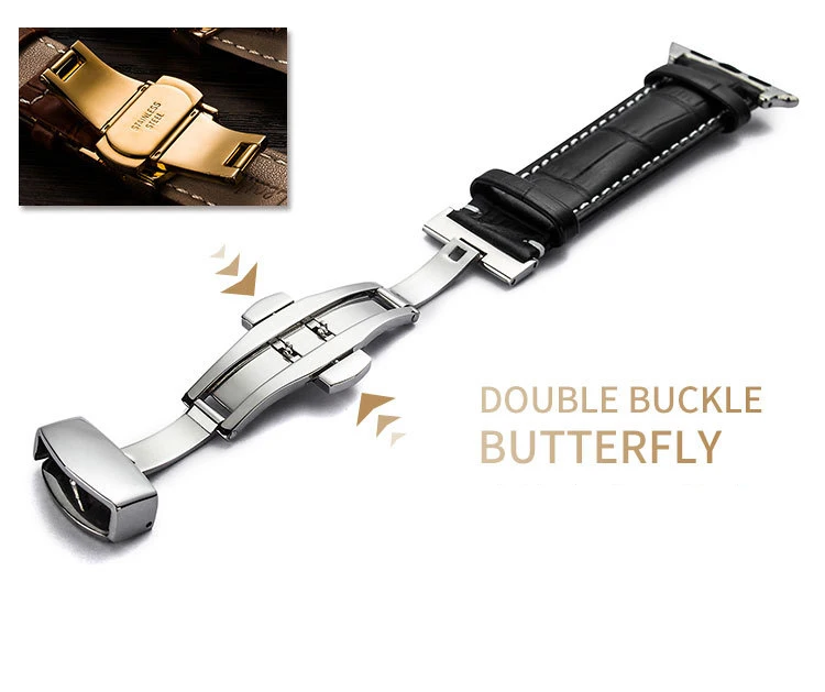 40mm 44mm Band For Apple Watch 5 4 3 iwatch 1 2 38 42mm Bracelet Straps Genuine Leather Double press butterfly clasp Wristband