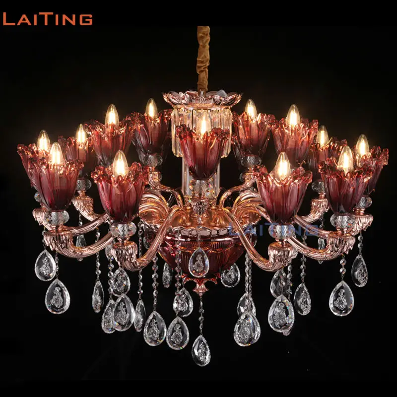 

New Red Glass Lampshade 8 or 15 Arm Crystal LED Chandeliers Lighting with K9 Crystal Pendant for Home or Restaurant