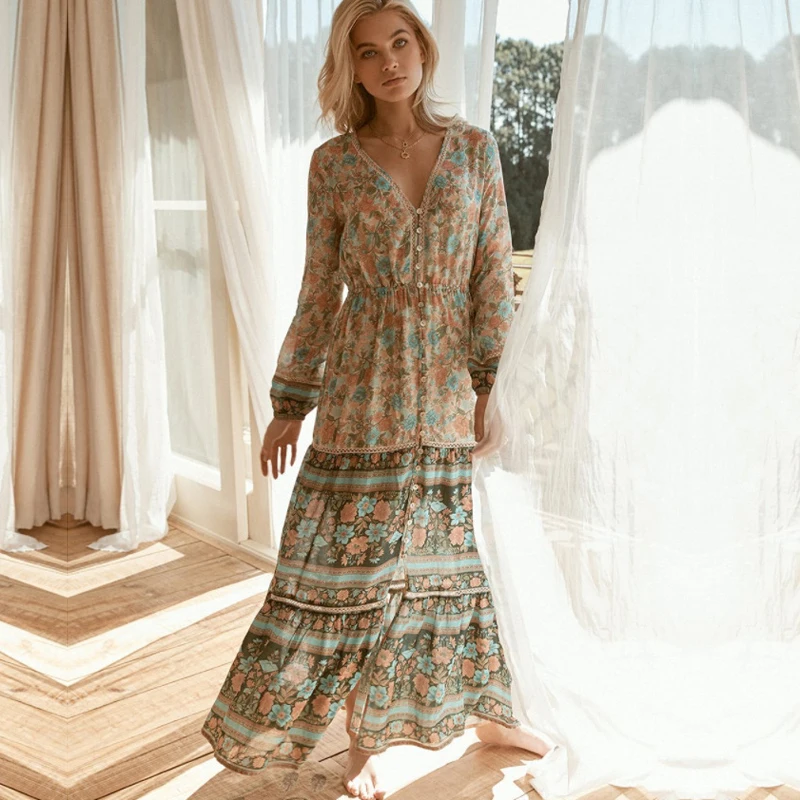 

Women's Print Dress Spring Summer 2019 Long Sleeve Holiday Loose Dress Bohemian V Collar Irregular Long Beach Dress