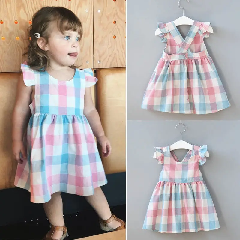

Baby Girls Girls Dresses Princess Fly Sleeve Backless Party Dresses For Girls Plaid Cute Summer Little Girls Kids Sundress