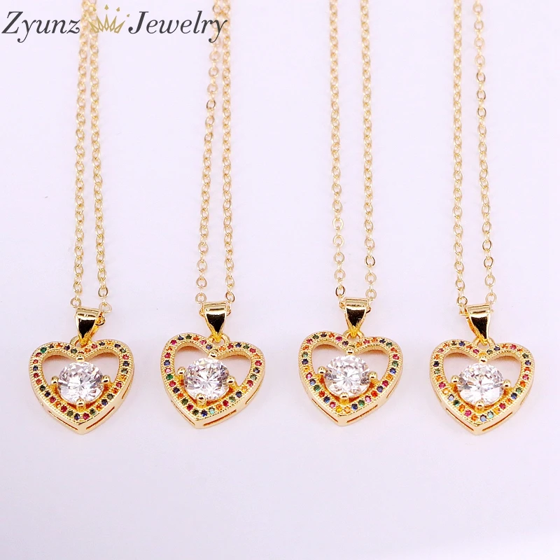

10PCS, Multi CZ Micro Paved Heart Pendant Necklaces Mix Color Sparking Crystal For Women Jewelry Zirconia Birthday Gift
