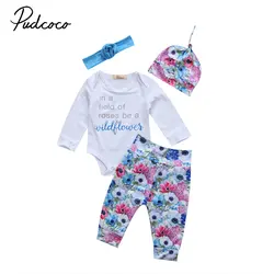 Pudcoco 4 шт. новорожденных Одежда для детей; малышей; девочек боди с длинными рукавами комбинезон + длинные брюки с цветочным принтом Шапки