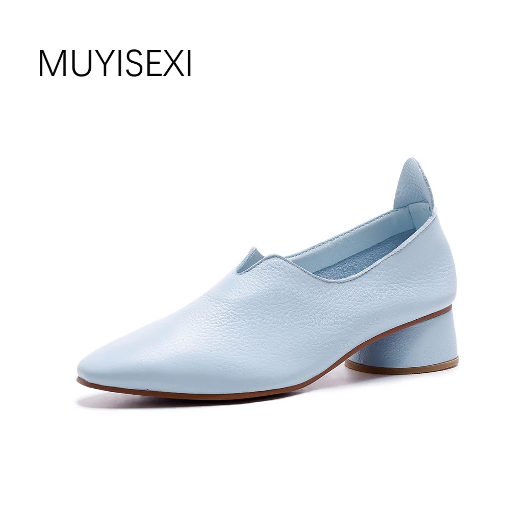 

Shoes Woman High Heel Genuine Leather Soft Casual Slip-on Square Heels Shoes Women Pumps Pink White Blue Black AF01 MUYISEXI