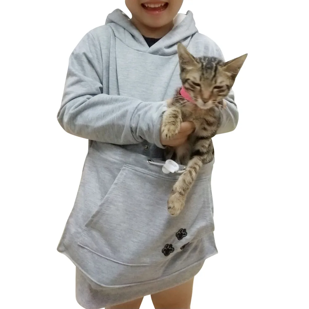 Теплая флисовая рубашка с большим карманом для мальчиков и девочек, с рисунком собаки и кошки, толстовка с капюшоном, одежда для маленьких девочек, детские толстовки, Толстовка
