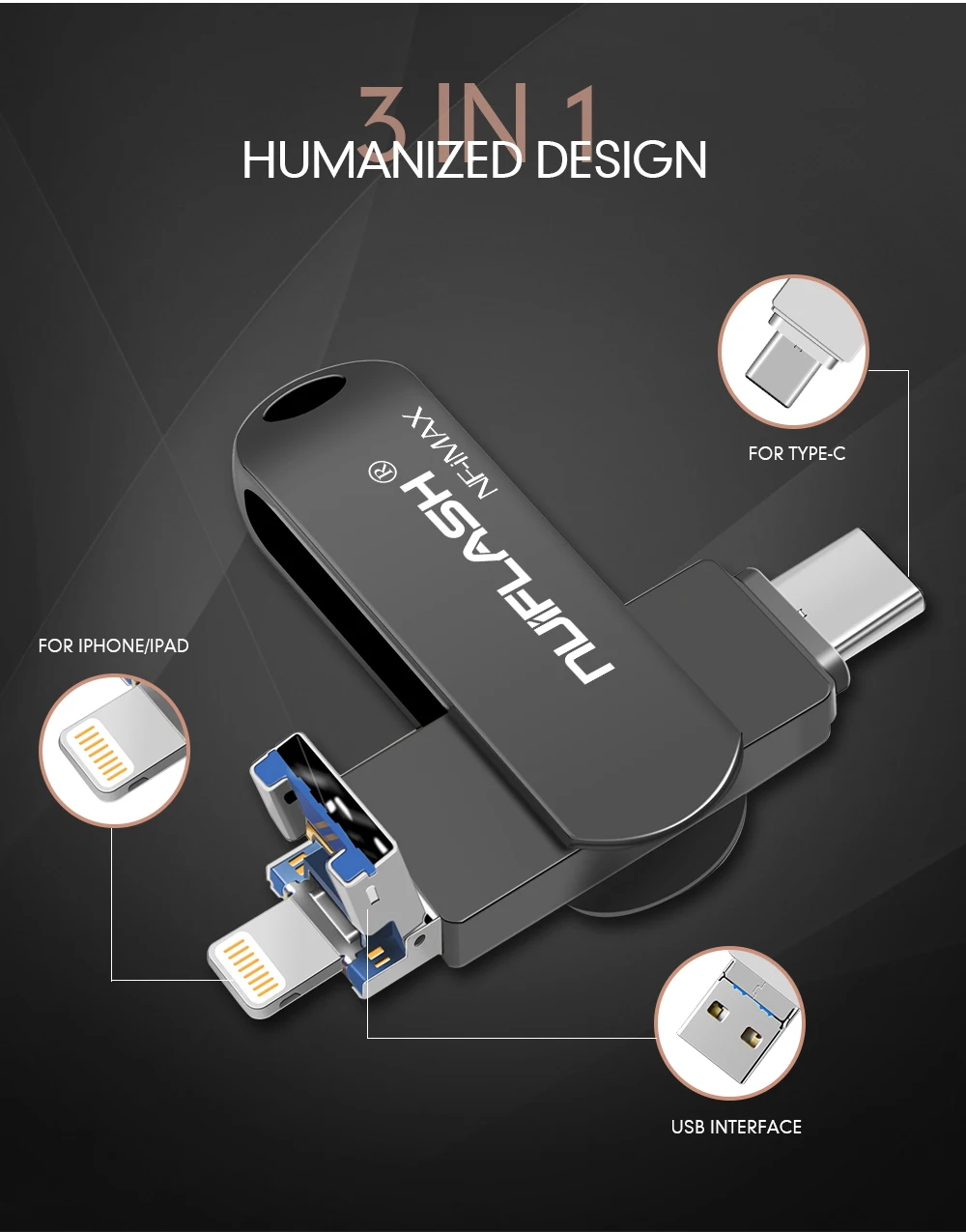 Nuiflash 3 в 1 USB флеш-накопитель для iPhone X/8/7/7plus/6/6s/5 ipad металлическая Флешка HD Memory Stick 8G 16G 32G 64G 128GFlash Driver