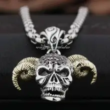 925 стерлингового серебра Дьявол череп козла кулон красный CZ камень голова латунный звонок Байкер Панк стиль 8N021 стальное ожерелье 24 дюймов