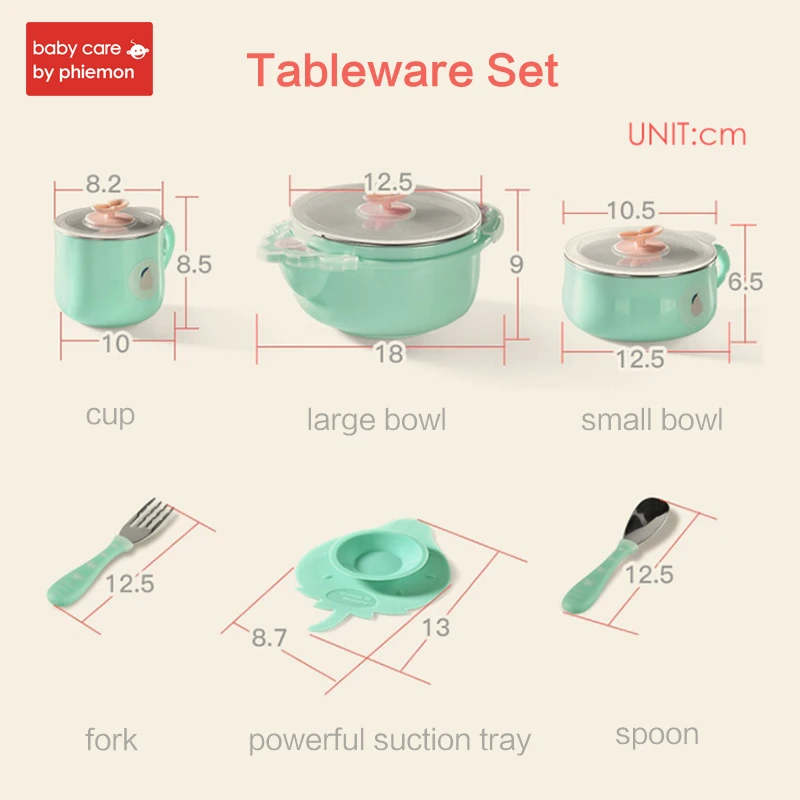 BabyCare 5Pcs/ Set Baby Silicone Stainless Steel Tableware Feeding Dish Kids Sucker Spoon Fork Cup Baby Food Training Container