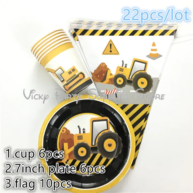 

22pcs/lot Excavator Truck Disposable Tableware Cartoon Car Birthday Baby Shower Excavator Cup Plate Party Decoration Supplies