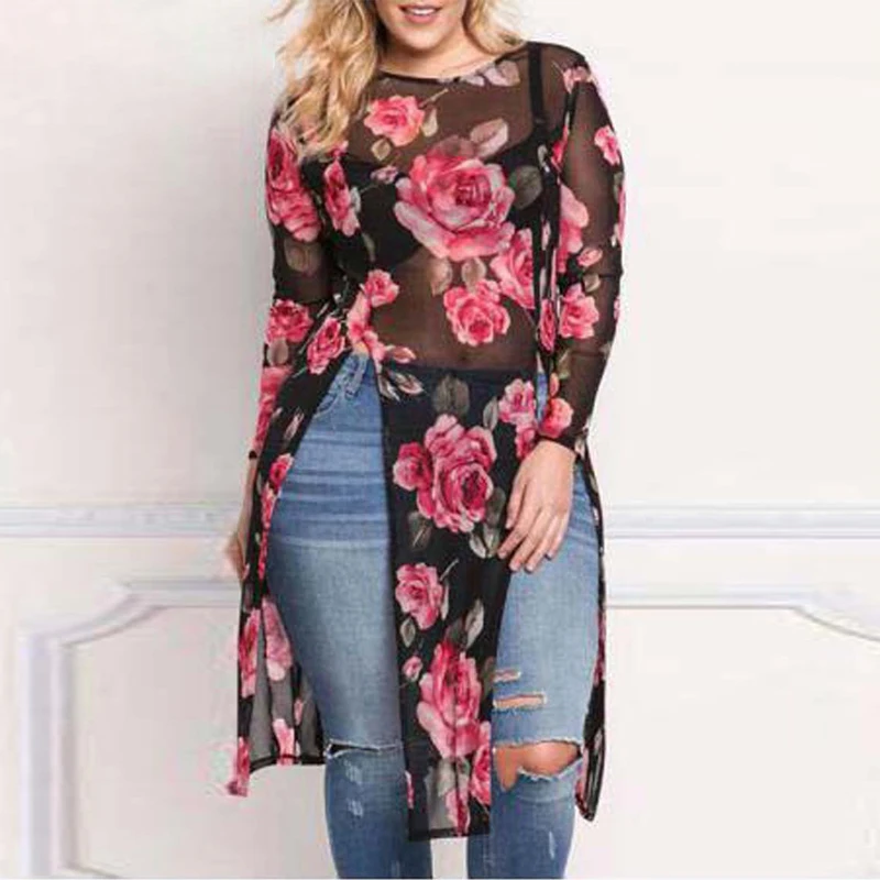 

Fashion 2019 Summer Mesh Top For Women Long Sleeve Sexy Office Shirts Transparent Blouse Femme Ladies Floral Tee Shirts