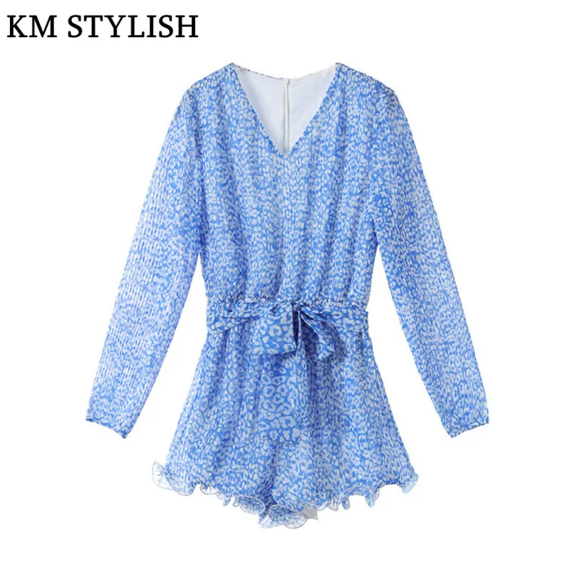 2019 Early Spring New Women Playsuits V-neck Blue Printed Pleated Lantern Sleeve Chiffon Jumpsuit With Belt S,M,L Dropshipping