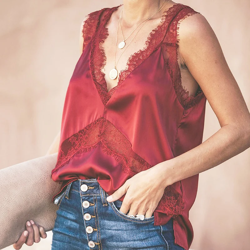 

Women's Tanks Fashion V Neck Patchwork Camis Stain Vest Tops Women Sleeveless Lace Black Shirts Summer Elegant Casual Underwear