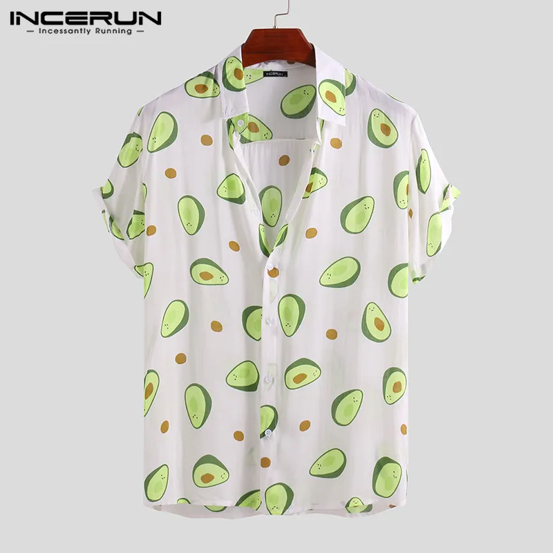 INCERUN Летняя мужская рубашка с принтом авокадо, короткий рукав, воротник с отворотом, повседневные топы, пляжные Гавайские рубашки, Мужская Уличная одежда, Camisa 5XL - Цвет: White Shirt