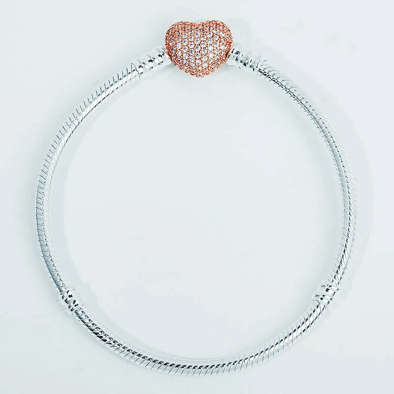 

925 Sterling Silver Rose Gold Heart Chain Charm Beads Fit Pandora Bracelet Charm For Women Authentic Original Fine Jewelry