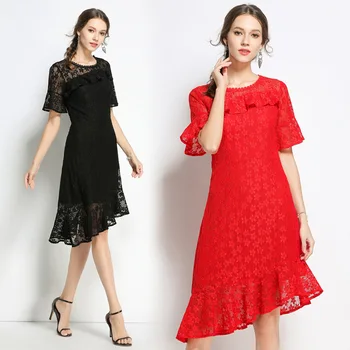 

New 2018 Summer FASHION Female Lace Dress flare Sleeve asymmetrical Dress elegant vestidos plus size tunics party dress S-XXXXXL
