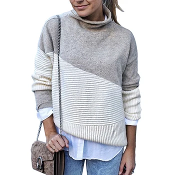 

2019 Turtleneck Sweater Women Grey White Spliced Long Sleeve Knitted Sweaters Jumpers Female Casual Autumn Winter Pullovers