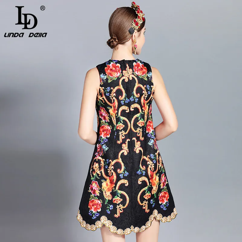 Günstig LD LINDA DELLA 2019 Herbst Fashion Runway Kleid frauen Ärmellose Tank Retro Kristall Perlen Floral Print Mini Vintage Kleid