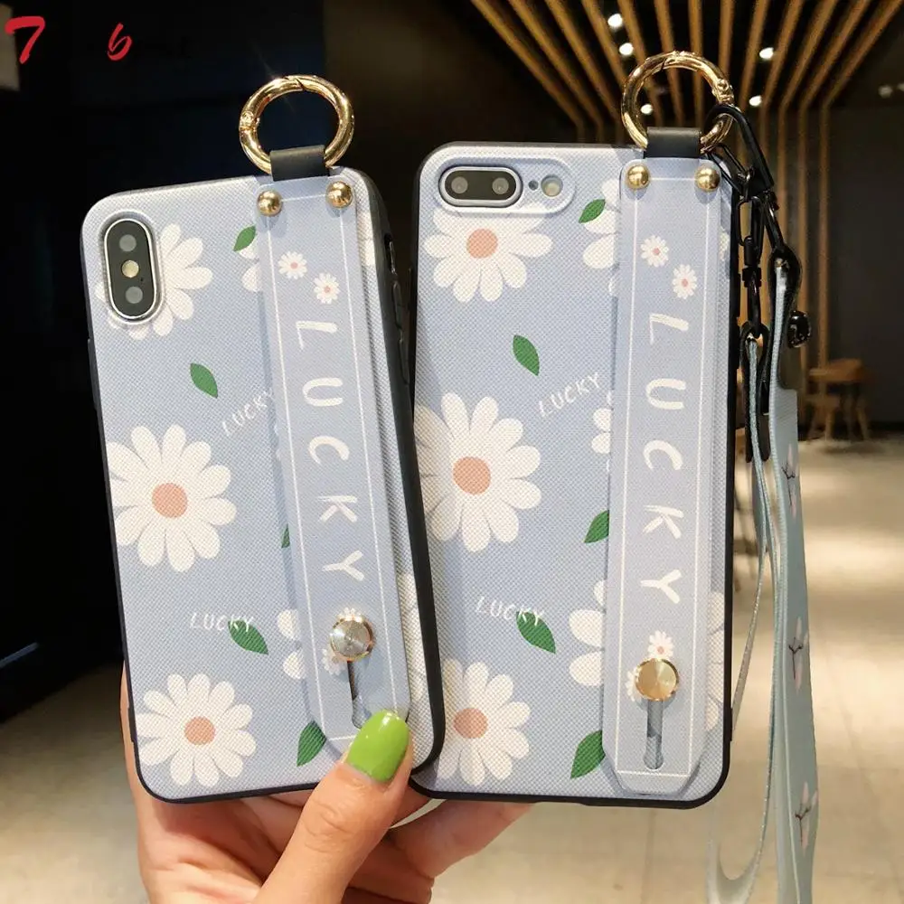 

Wrist Strap Soft TPU Phone Case For iphone X XS MAX XR 6 6s 7 8 plus 7Plus 8Plus XSMAX Daisy Flower Pattern Silicone Case Cover